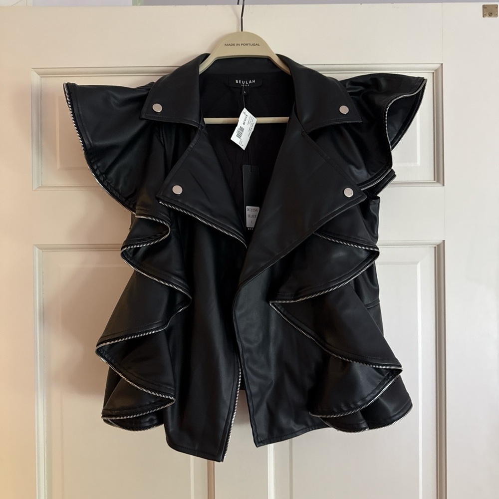 Black Ruffled Leather Jacket by